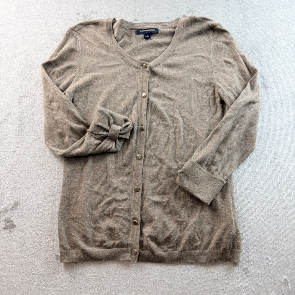 Banana Republic Women's Small Tan Cotton Bow Cuff Button Front Cardigan Sweater